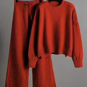 Red Casual Women's Long Sleeve Sweater and Wide Pants Two-Piece Set